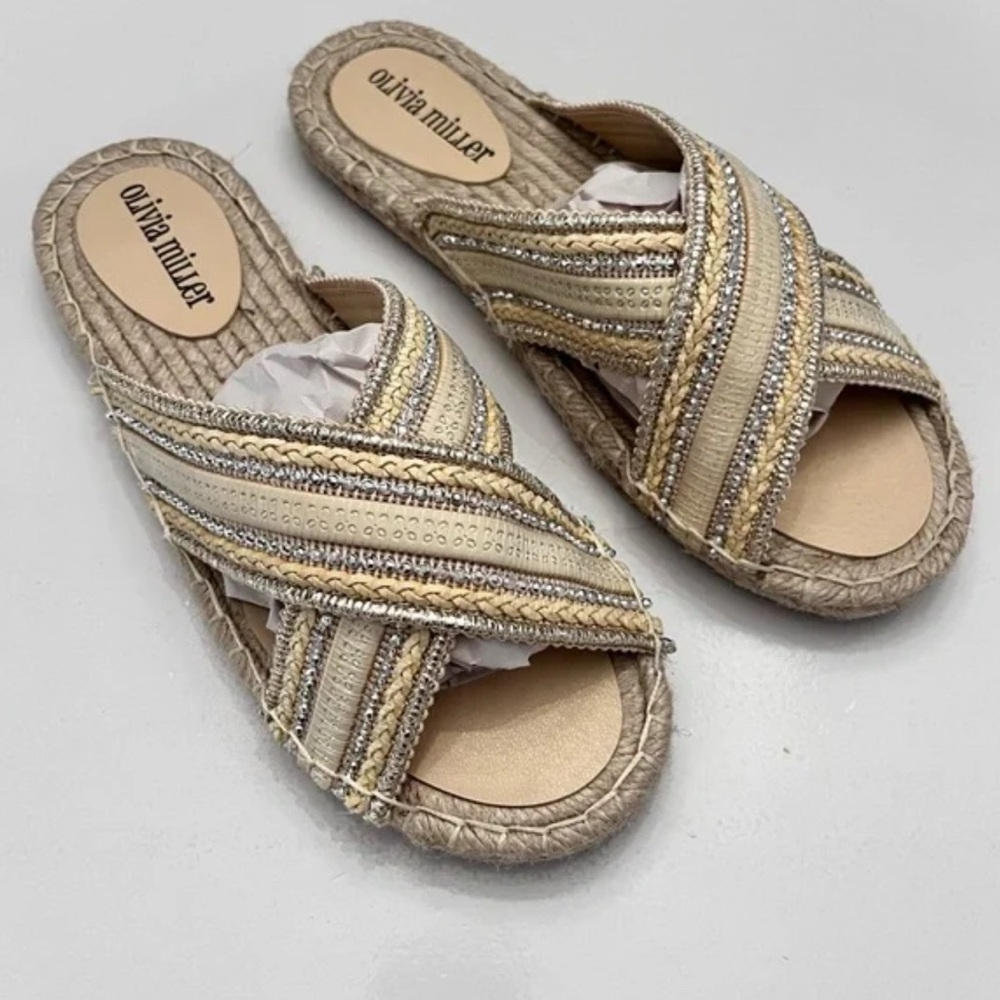 Olivia Miller Women's Gold and Beige Slide Sandals